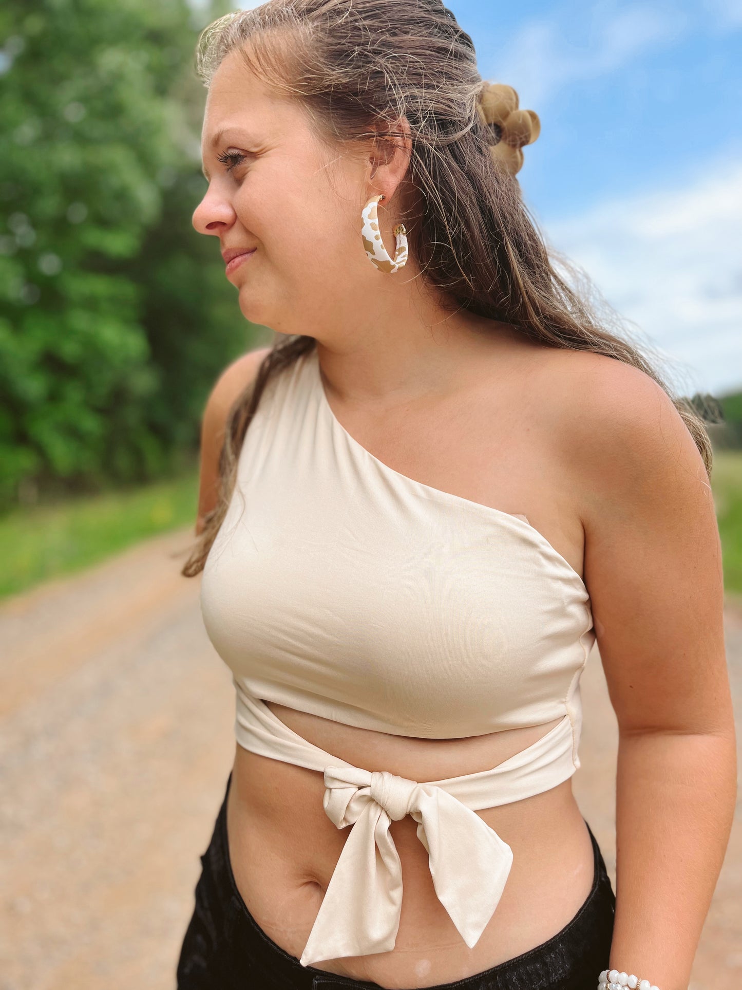 Khaki One Shoulder Side Tie Sleeveless Crop Top