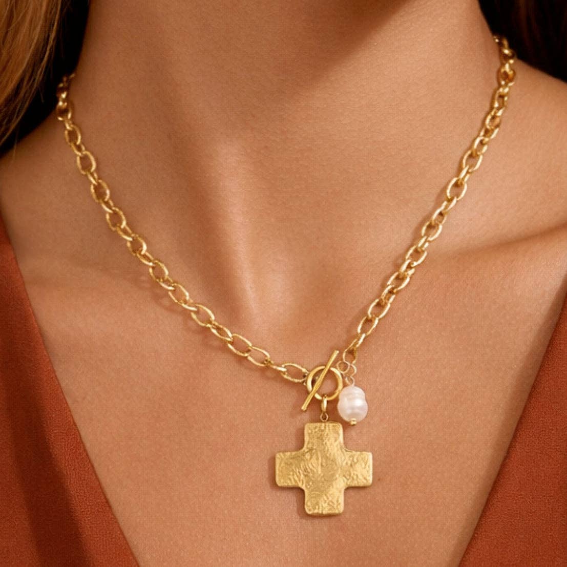 18K Gold PVD Plated Stainless Steel Cross Pendant Necklace