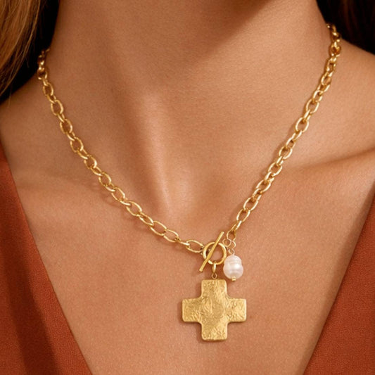 18K Gold PVD Plated Stainless Steel Cross Pendant Necklace