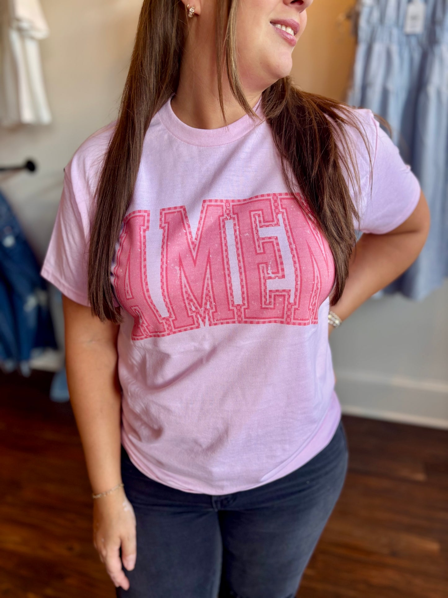 Amen in pink tee
