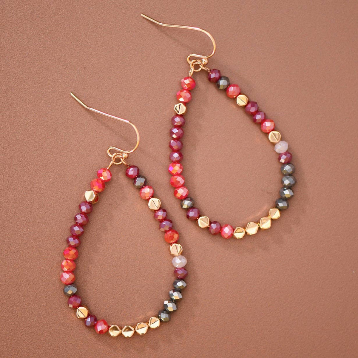 Red & Burgundy Crystal Beaded Teardrop Earrings