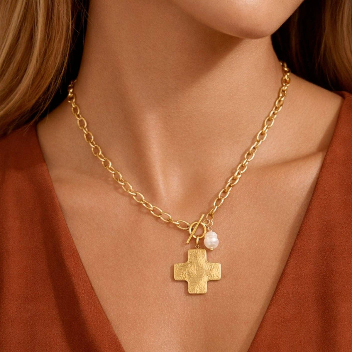 18K Gold PVD Plated Stainless Steel Cross Pendant Necklace