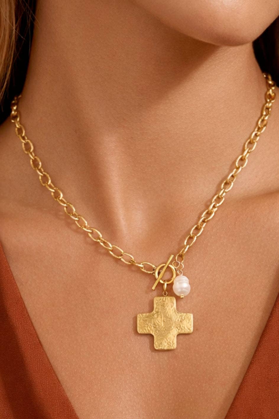 18K Gold PVD Plated Stainless Steel Cross Pendant Necklace