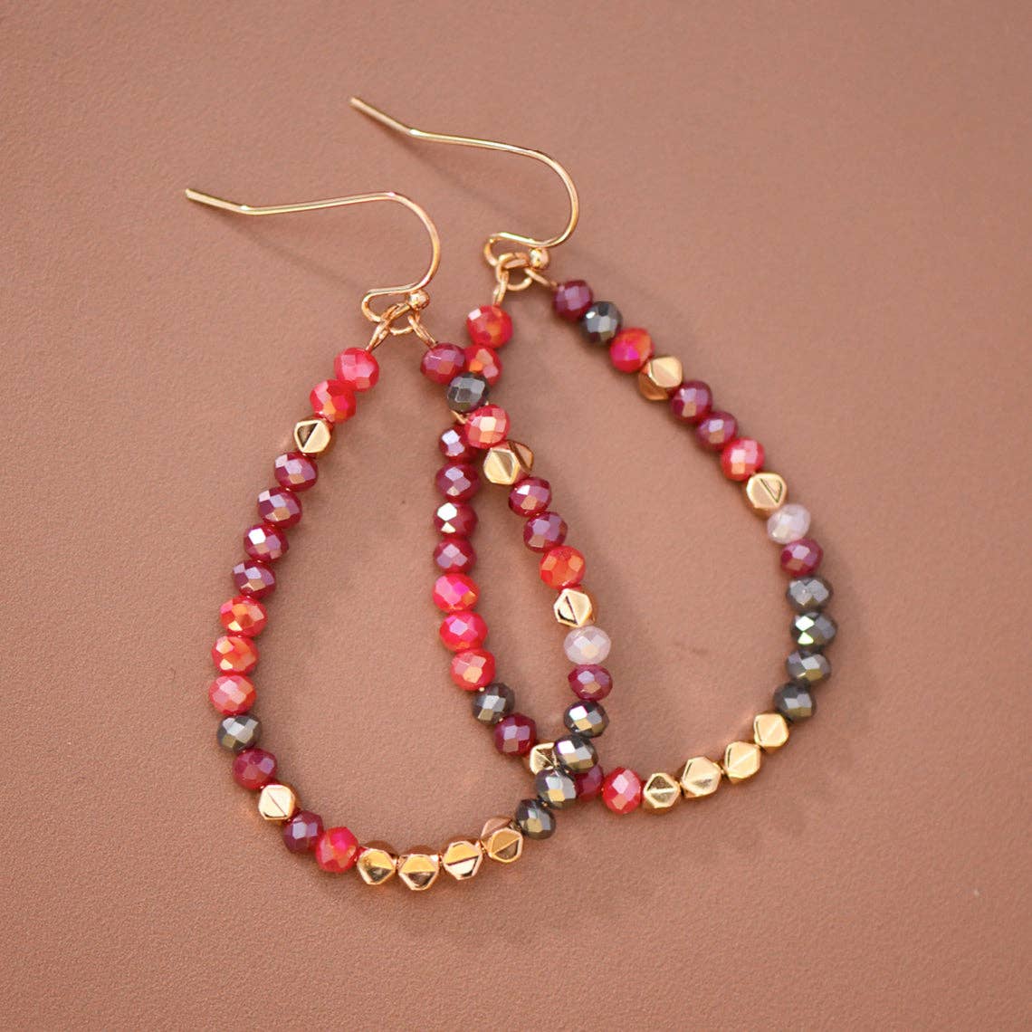 Red & Burgundy Crystal Beaded Teardrop Earrings