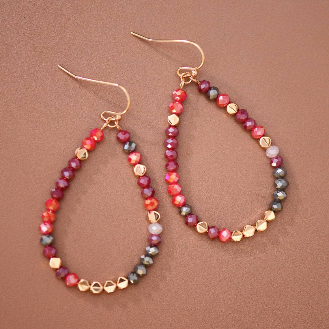 Red & Burgundy Crystal Beaded Teardrop Earrings